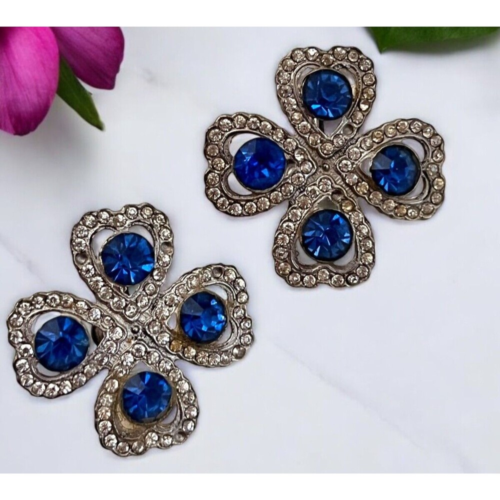 Vintage 1950s Blue Crystal Flower Earrings Sterling Silver Screw Back - 5F